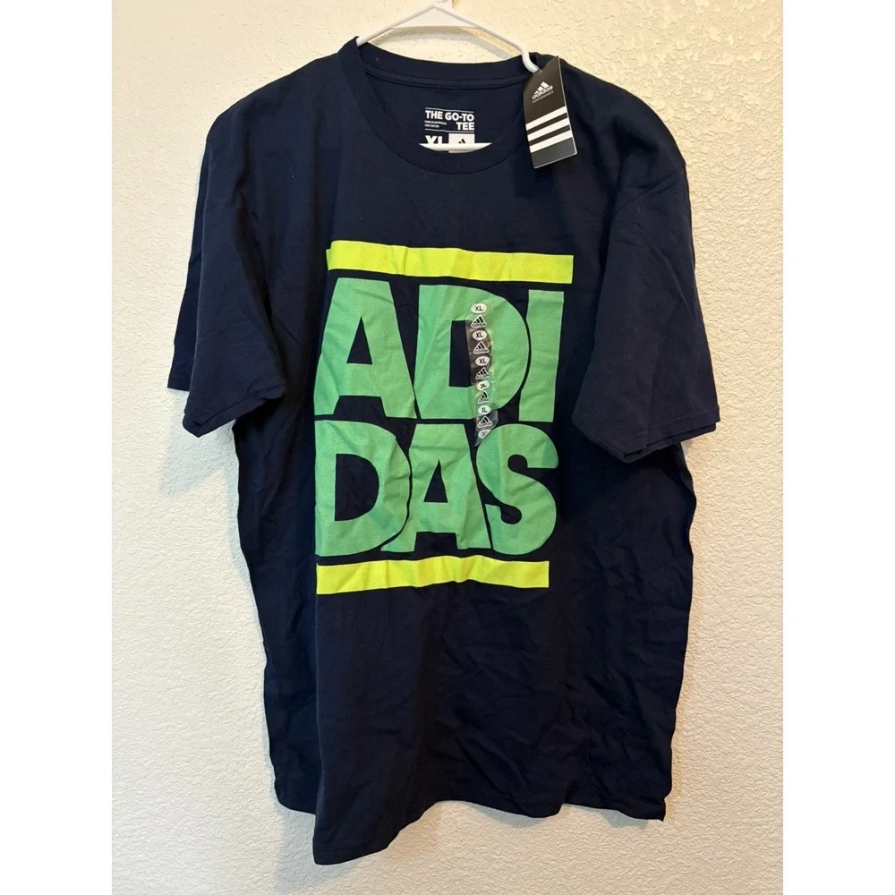 Adidas Shirt Men XL Navy Blue Crew Tee Spell Out Chest Hit Logo Go To Tee